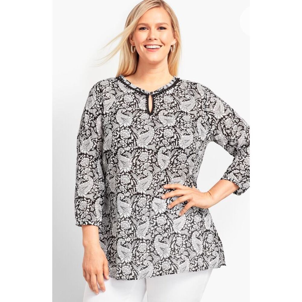 Talbots PAISLEY POPOVER Tunic Top Cotton Size 2Xp Black White Boho - Picture 1 of 8